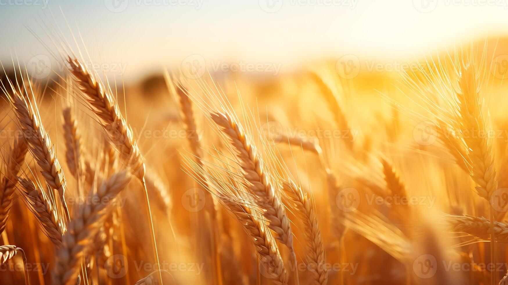 ai gegenereerd tarwe veld. oren van gouden tarwe dichtbij omhoog. rijk oogst concept. foto