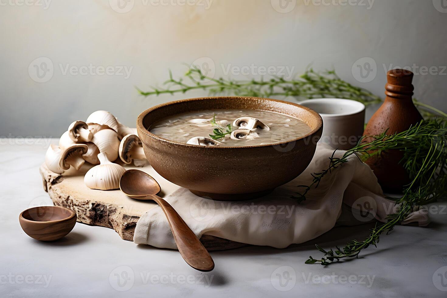 ai gegenereerd paddestoel soep in een klei pot Aan een donker achtergrond. foto