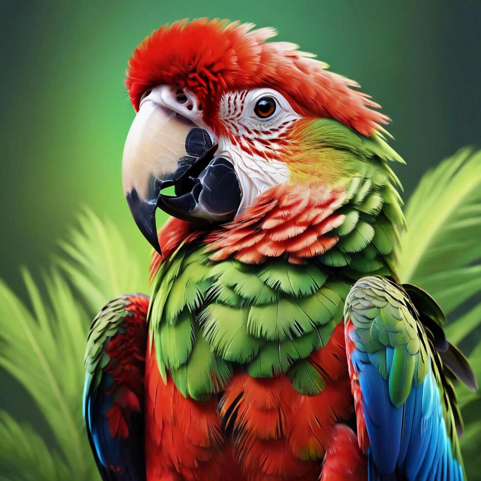 ai gegenereerd een kleurrijk papegaai met een groen en rood veer Aan haar hoofd foto