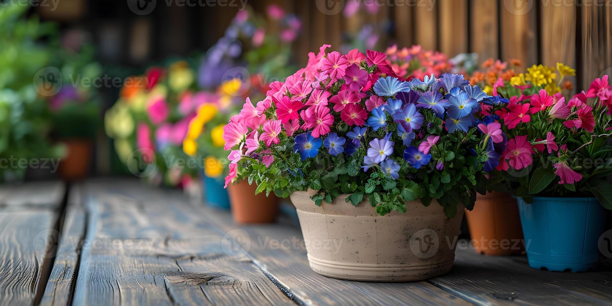 ai gegenereerd kleurrijk tuin bloemen potten Aan houten tafel. tuinieren achtergrond mockup concept met kopiëren ruimte. foto