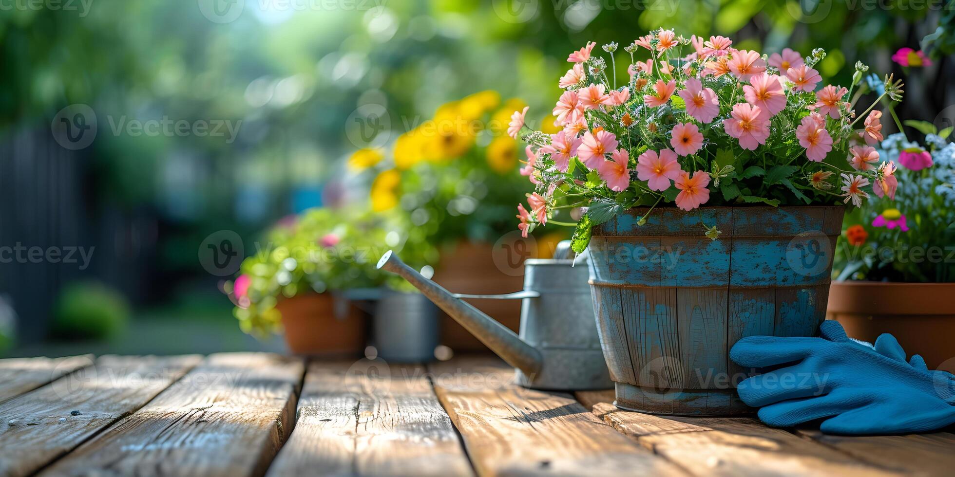 ai gegenereerd kleurrijk tuin bloemen potten met blauw rubber handschoenen en gieter kan Aan houten tafel. tuinieren achtergrond mockup concept met kopiëren ruimte. foto