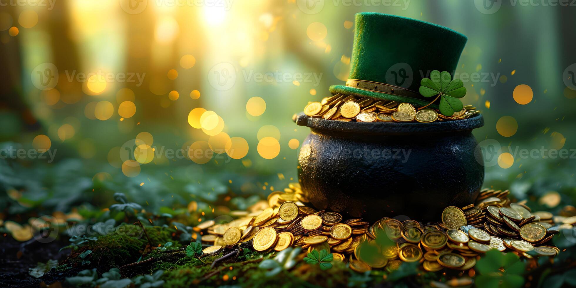 ai gegenereerd de heilige Patrick dag zwart ketel met gouden munten, hoed en klavers in fee staart Woud. st. Patrick dag banier achtergrond concept met kopiëren ruimte. foto