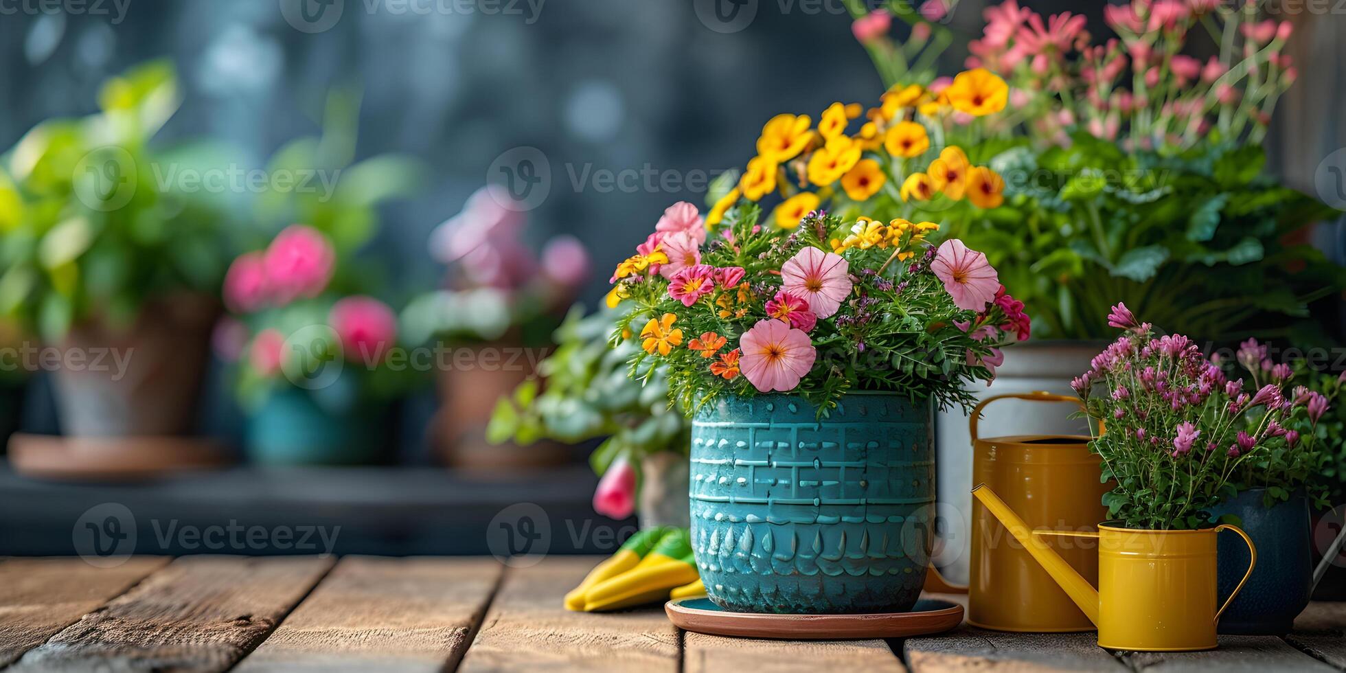 ai gegenereerd kleurrijk tuin bloemen potten met geel rubber handschoenen en gieter kan Aan houten tafel. tuinieren achtergrond mockup concept met kopiëren ruimte. foto