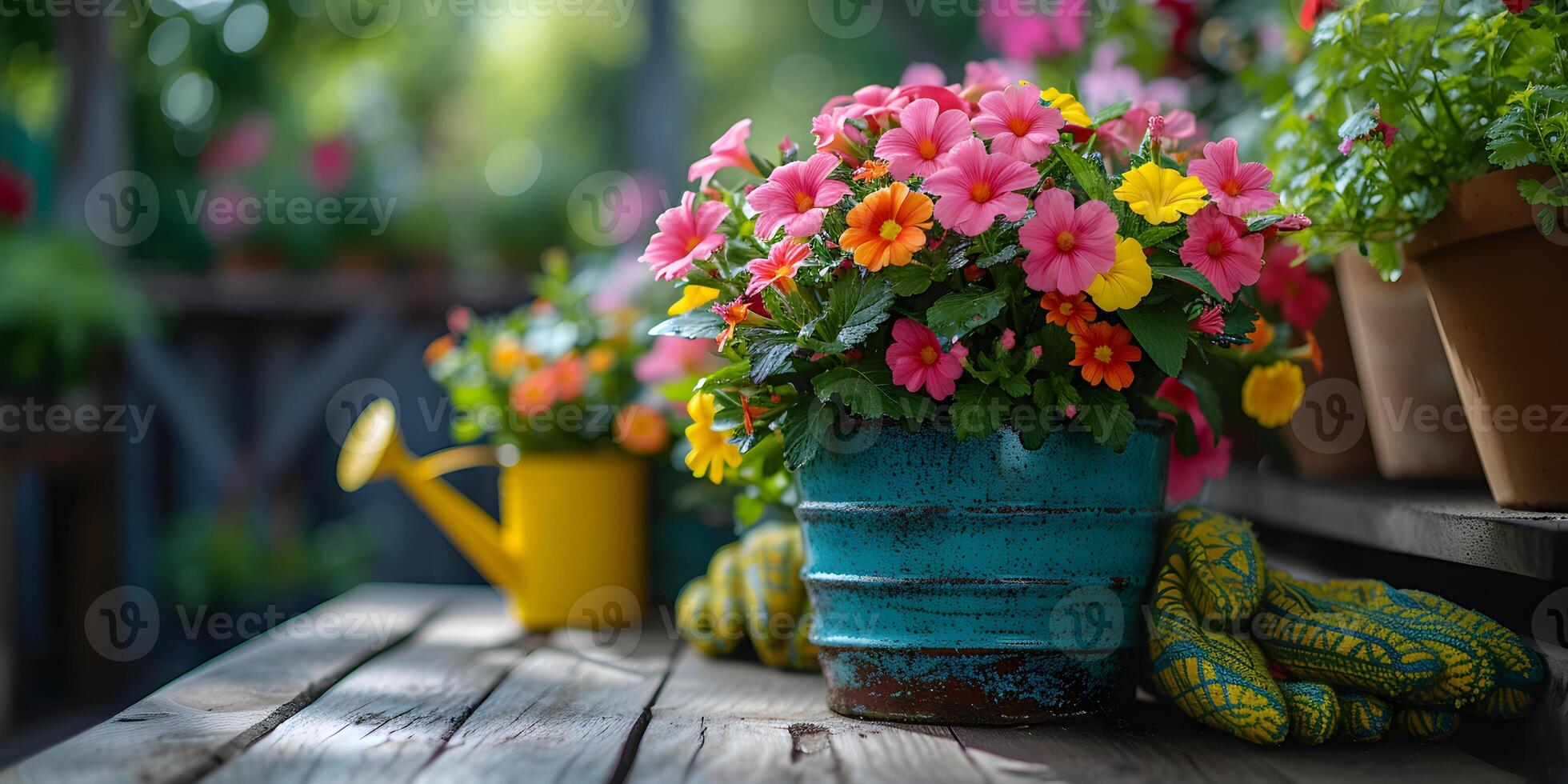 ai gegenereerd kleurrijk tuin bloemen potten met geel rubber handschoenen en gieter kan Aan houten tafel. tuinieren achtergrond mockup concept met kopiëren ruimte. foto