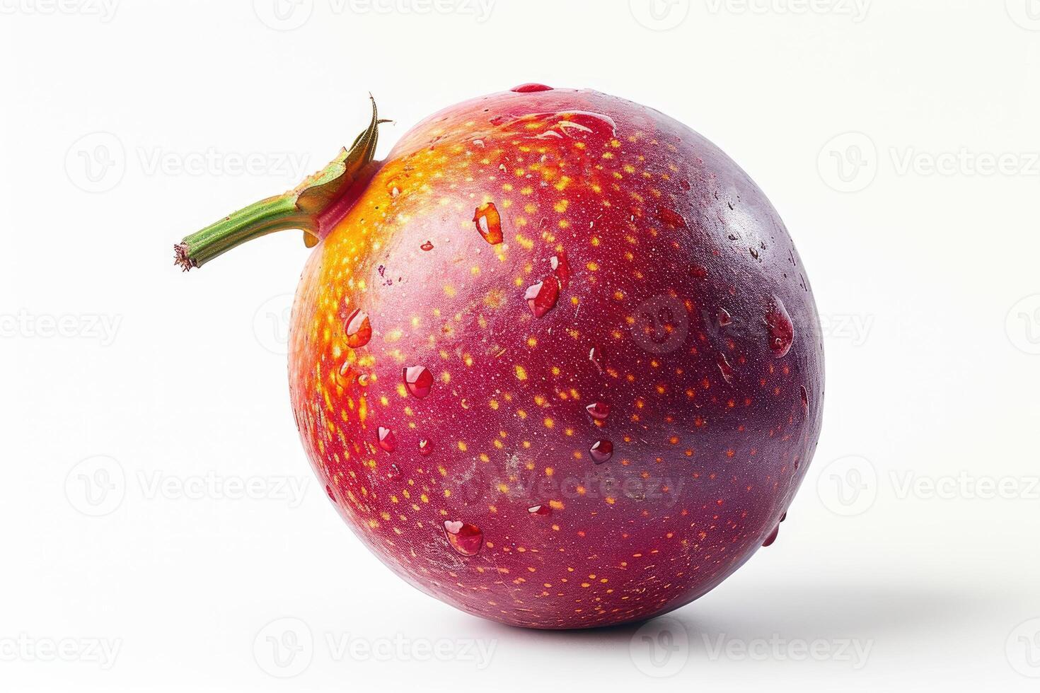 ai gegenereerd detailopname visie van een vers passie fruit met water druppels Aan een wit gedetailleerd detailopname van een rijp passie fruit. foto