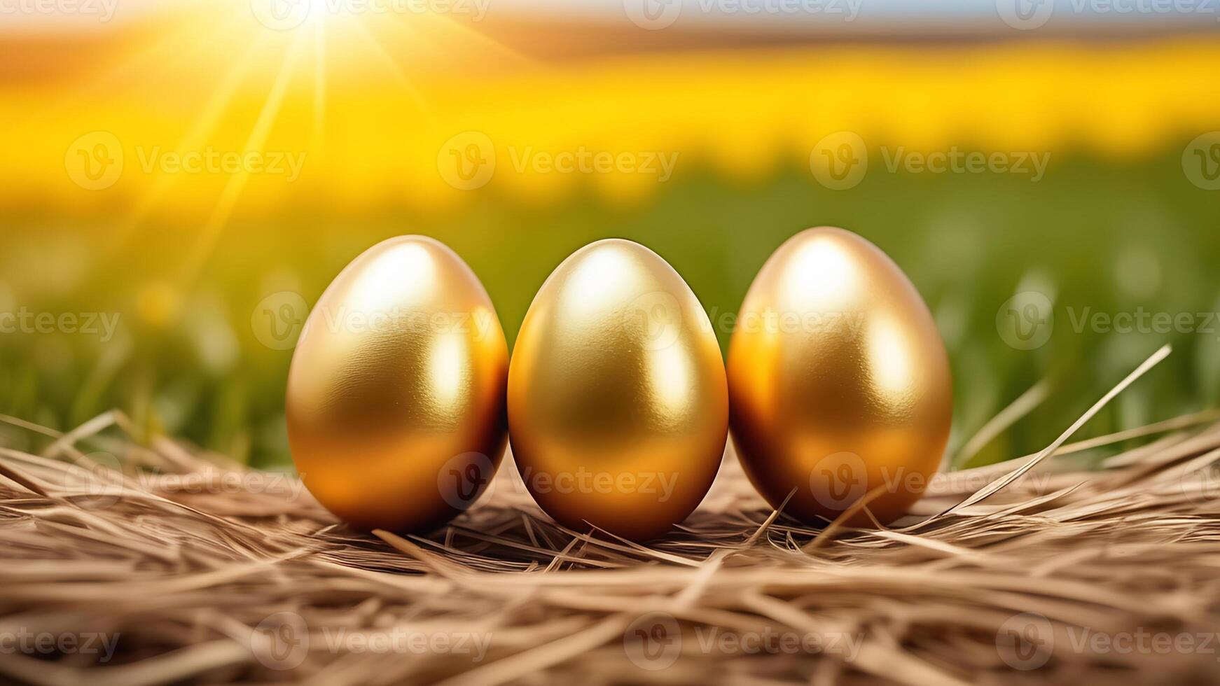 ai gegenereerd Pasen eieren van gouden kleur in zonlicht, zon licht, voorjaar vakantie, gras foto