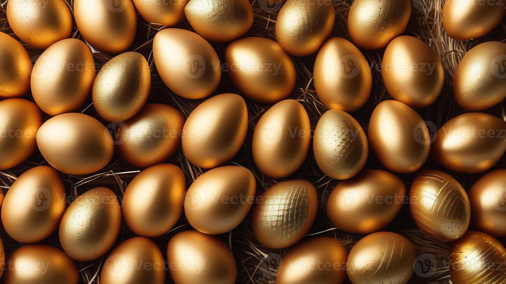 ai gegenereerd Pasen eieren stapel, hoop van goud kleur. luxe vakantie achtergrond foto