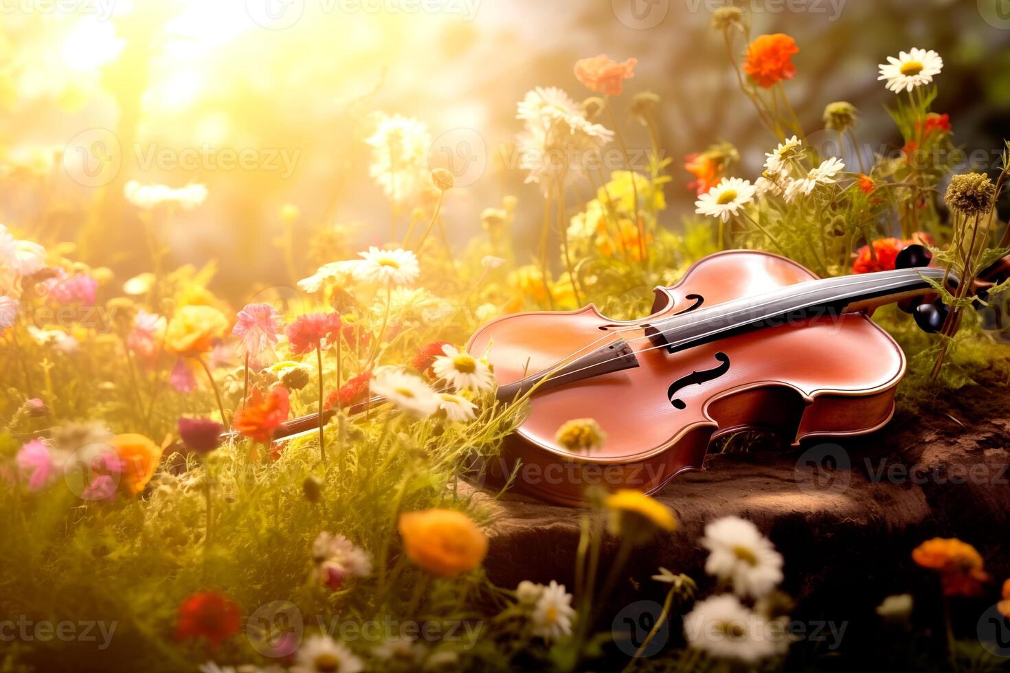 ai gegenereerd de viool Aan de grond, de concept een lied over lente, muziek- in kleuren, een bloem tuin, droom afgezwakt zonsondergang achtergrond foto