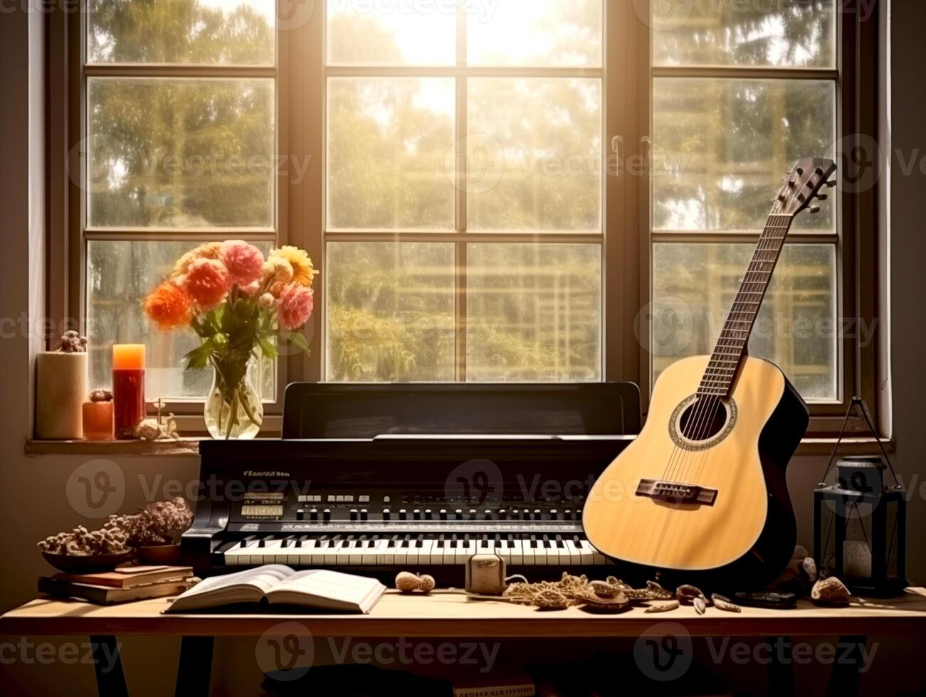 ai gegenereerd muziek- trio instrument met toetsenbord en gitaar in muziek- praktijk kamer met bloemen, boeken en versierd items Bij venster dag tijd foto