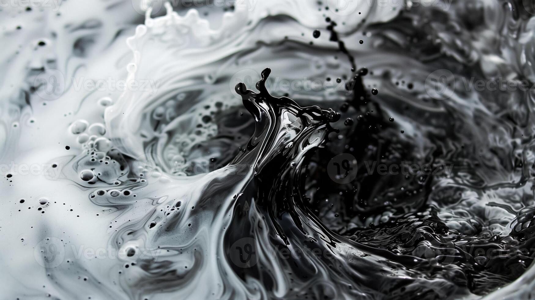 ai gegenereerd abstract monochroom vloeistof plons met dynamisch wervelingen en druppels, hoog contrast zwart en wit vloeistof kunst achtergrond foto