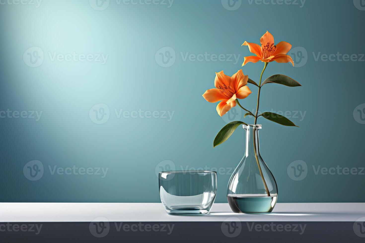 ai gegenereerd oranje lelies in een glas vaas tegen een blauw muur. minimalisme. gegenereerd door kunstmatig intelligentie- foto
