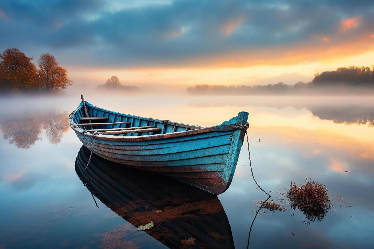 ai gegenereerd oud houten boot in een mistig rivier- in herfst. gegenereerd door kunstmatig intelligentie- foto