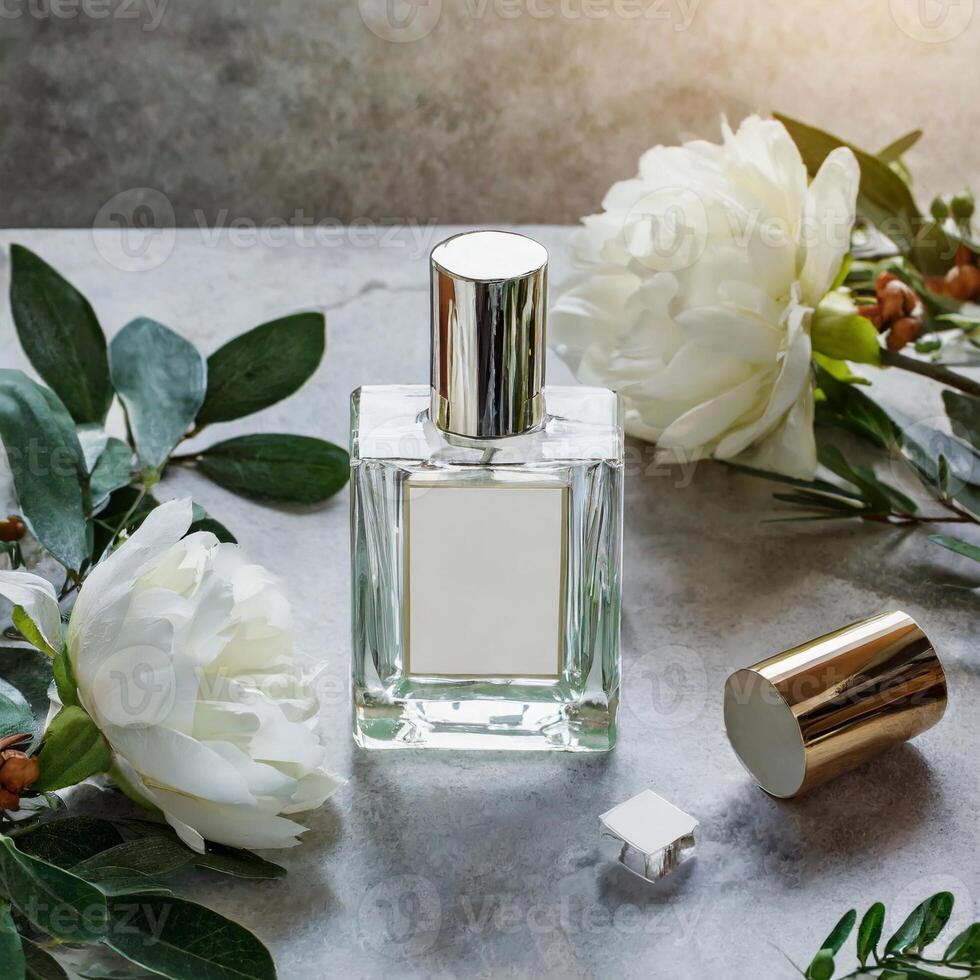 ai gegenereerd parfum fles mockup met bloemen en planten foto