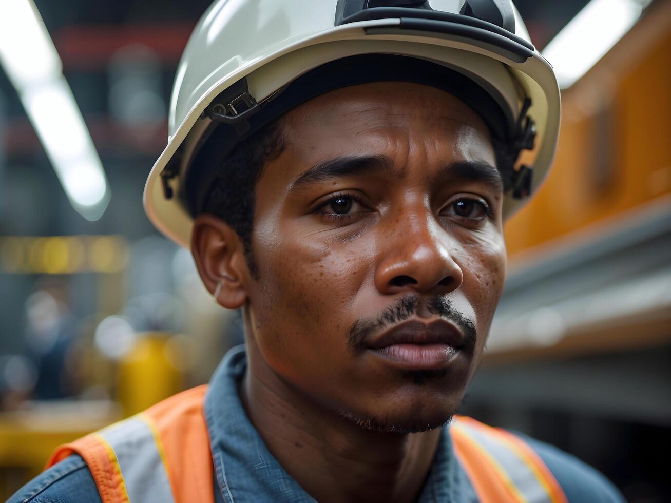 ai gegenereerd portret van Afrikaanse Amerikaans zwart arbeider met beschermend hoed en oranje jasje, bouw, industrie en bouwkunde concept foto