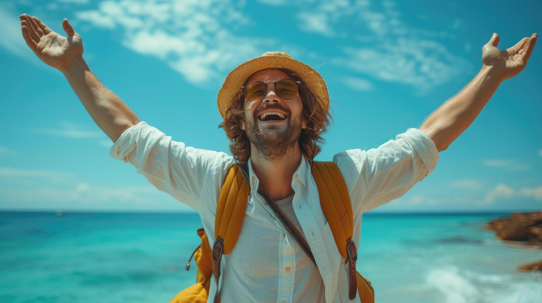 ai gegenereerd gelukkig Mens met hand- omhoog Bij de strand met rugzak reizen in zomer vakantie. foto