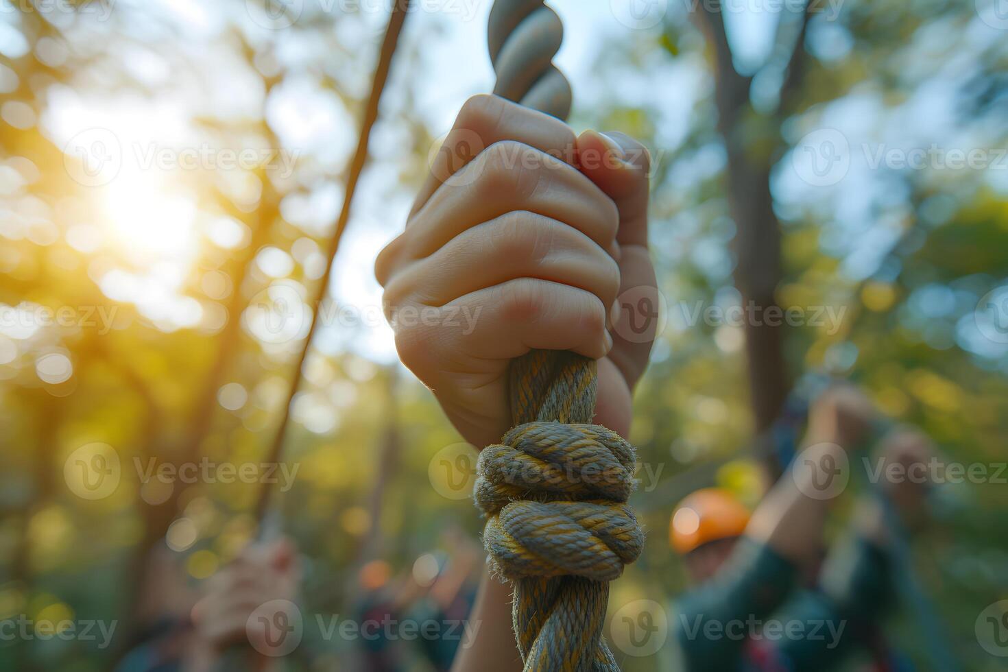 ai gegenereerd dichtbij omhoog van handen Holding touw met wazig uitgaande team gebouw werkzaamheid achtergrond foto