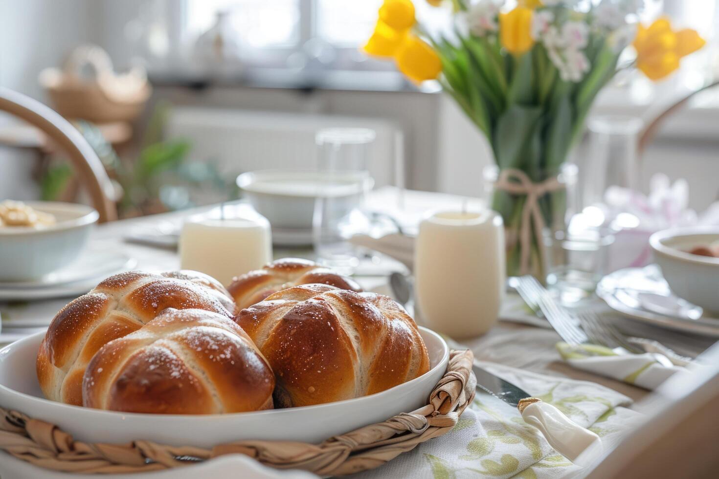 ai gegenereerd Pasen heet kruis broodjes Aan Pasen ontbijt tafel, voorjaar bloemen in een vaas, familie dining kamer foto