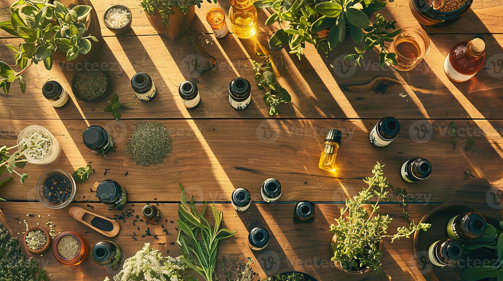 ai gegenereerd natuurlijk remedies Aan een houten tafel, met essentieel oliën en geneeskrachtig kruiden voor een plantaardig nadering naar welzijn. foto