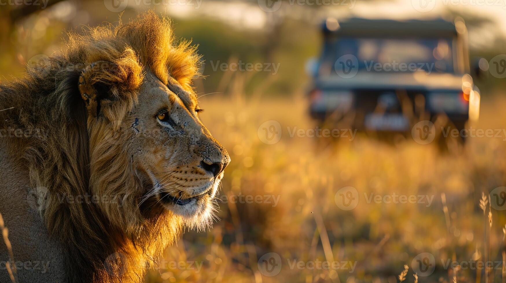 ai gegenereerd safari avontuur, observeren een majestueus leeuw omhoog dichtbij in haar natuurlijk leefgebied, met de essence van Afrikaanse dieren in het wild behoud inspanningen foto