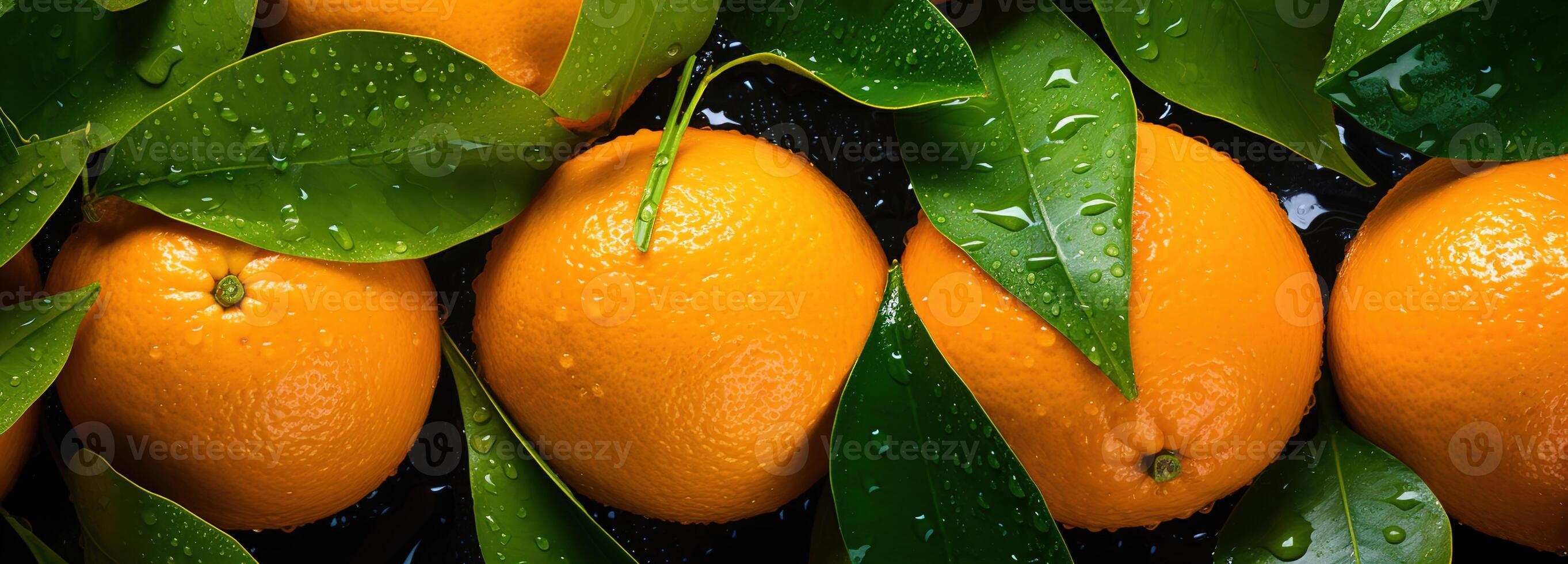 ai gegenereerd sappig oranje met bladeren, markeren de gedetailleerd patronen en verfrissend druppels van water Aan een rijk gekleurde citrus fruit achtergrond foto