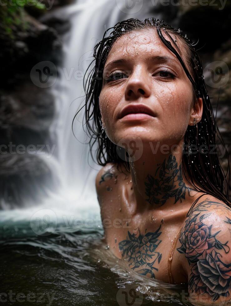 ai gegenereerd een vrouw met meerdere tatoeages Aan hun schouders en armen, ondergedompeld in water omhoog naar hun schouders, met een waterval in de achtergrond foto