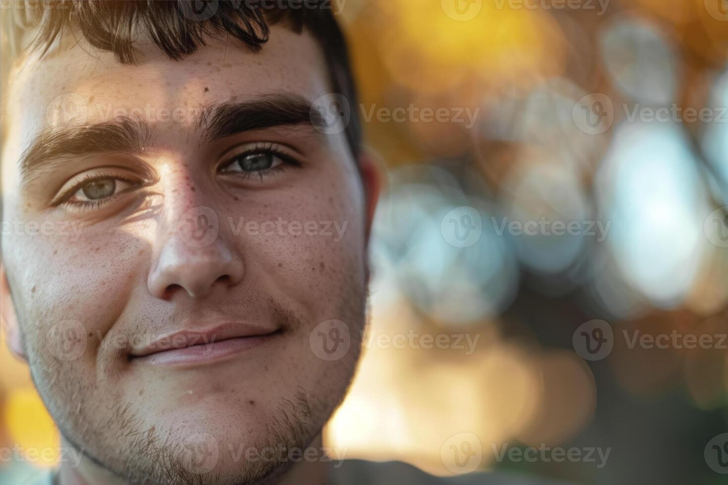 ai gegenereerd detailopname van een glimlachen jong Mens foto