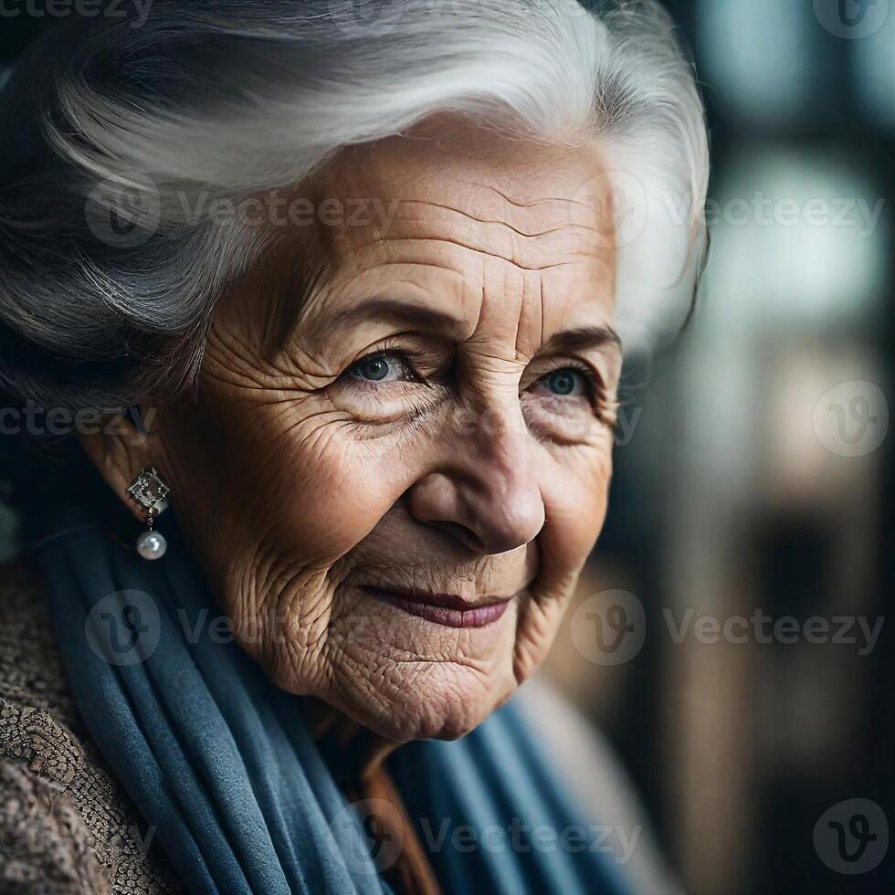 ai gegenereerd portret van een ouderen vrouw door josephine voor dik Verenigde foto