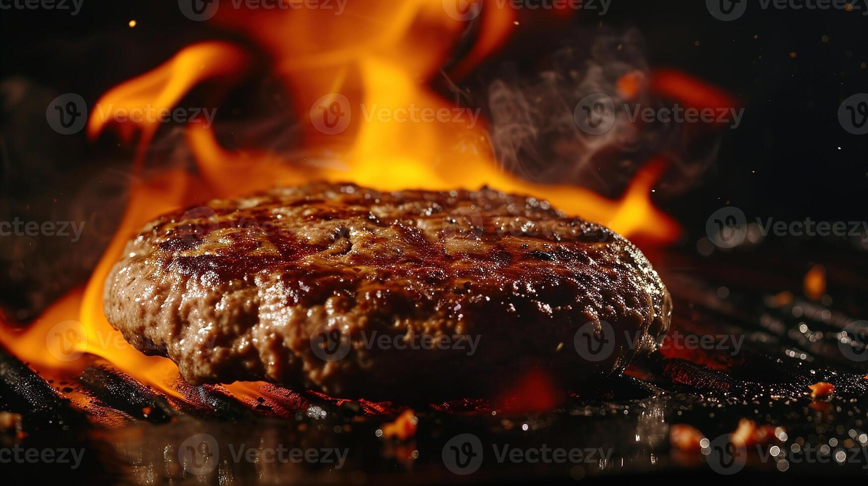 ai gegenereerd grillen werkwijze close-up's van de hamburger pasteitje sissend Aan de rooster ontwikkeling van een hartig korst foto