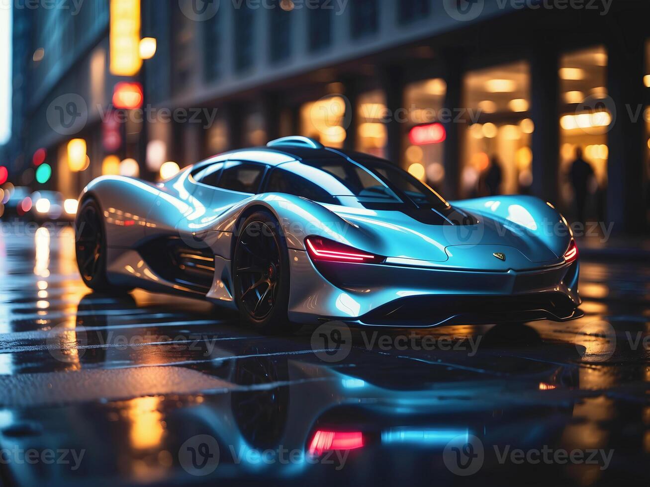 ai gegenereerd modern futuristische sport ras auto in stad straat Bij nacht, auto achtergrond, automotive behang, sjabloon met kopiëren ruimte Oppervlakte foto