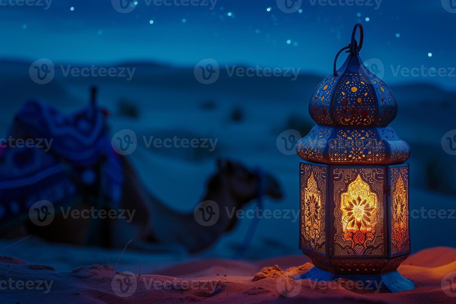 ai gegenereerd lantaarn in de woestijn Bij nacht met kameel, Ramadan kareem banier achtergrond concept foto