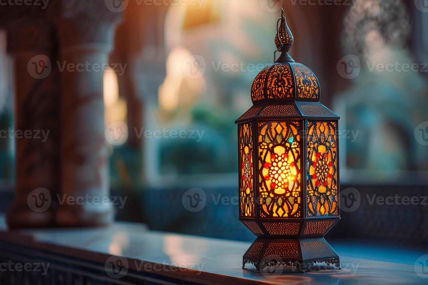 ai gegenereerd overladen Ramadan lantaarn en een sier- kader foto