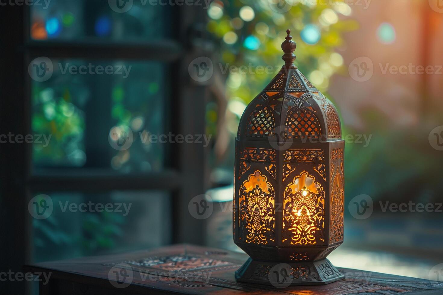 ai gegenereerd overladen Ramadan lantaarn en een sier- kader foto