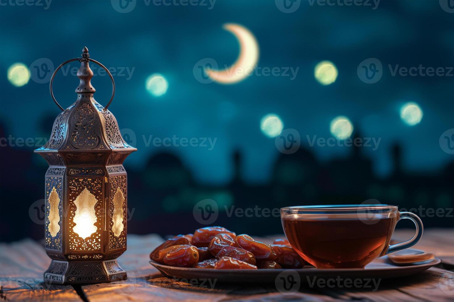 ai gegenereerd Arabisch koffie en datums, dallah met halve maan maan, Ramadan achtergrond foto