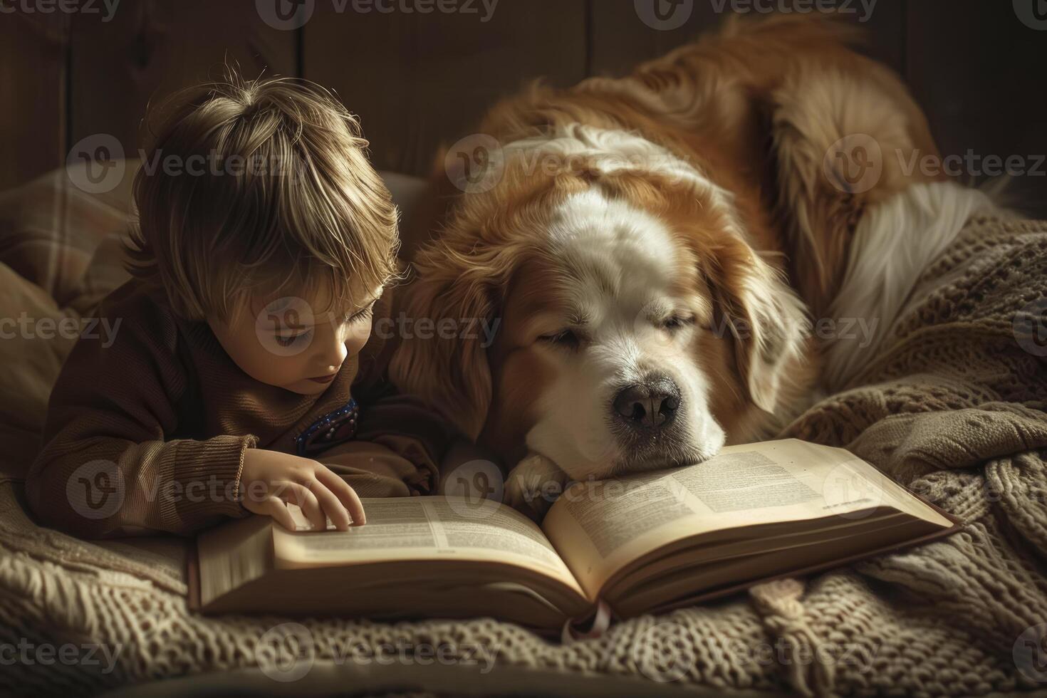 ai gegenereerd kind leest naar attent hond foto
