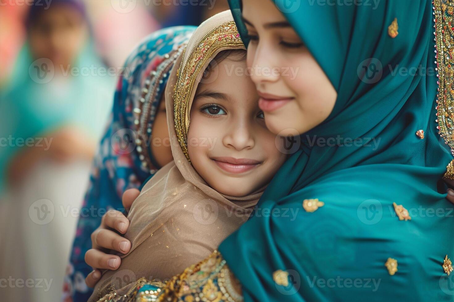 ai gegenereerd moslim familie knuffel in eid mubarak viering foto