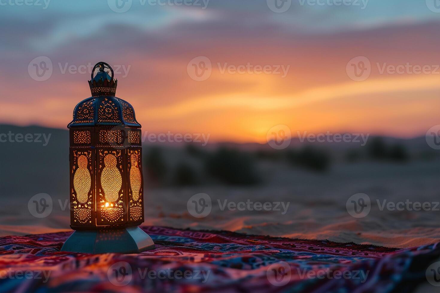 ai gegenereerd verlichte Egyptische lantaarn door Arabisch tent in de woestijn gedurende Ramadan avond foto