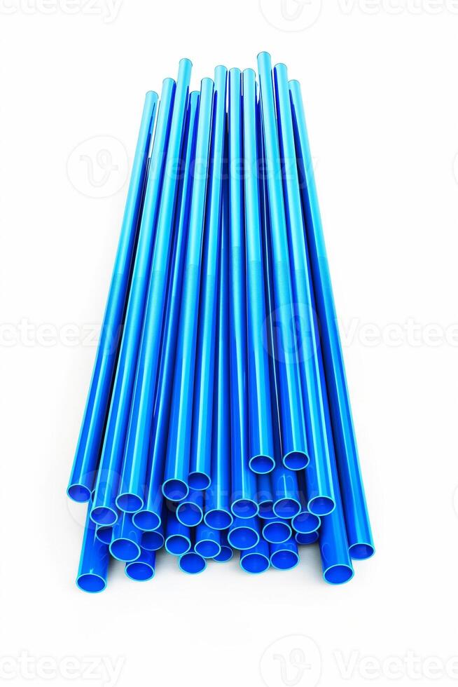 ai gegenereerd een bundel van levendig blauw pvc pijpen geregeld in een georganiseerd patroon, geïsoleerd Aan een wit achtergrond, geschikt voor industrieel en bouw concepten foto