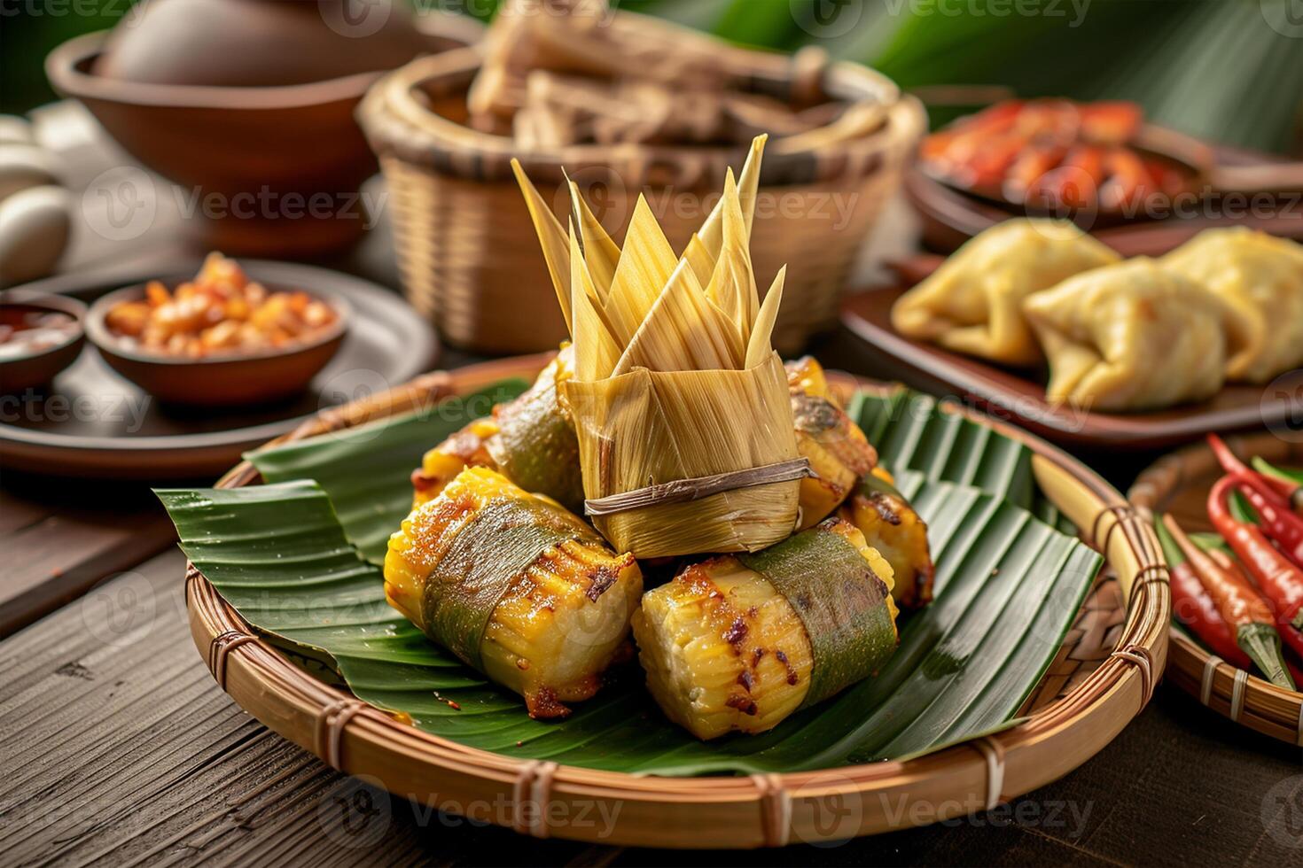 ai gegenereerd ketupat geserveerd met divers speciaal Indonesisch voedsel foto