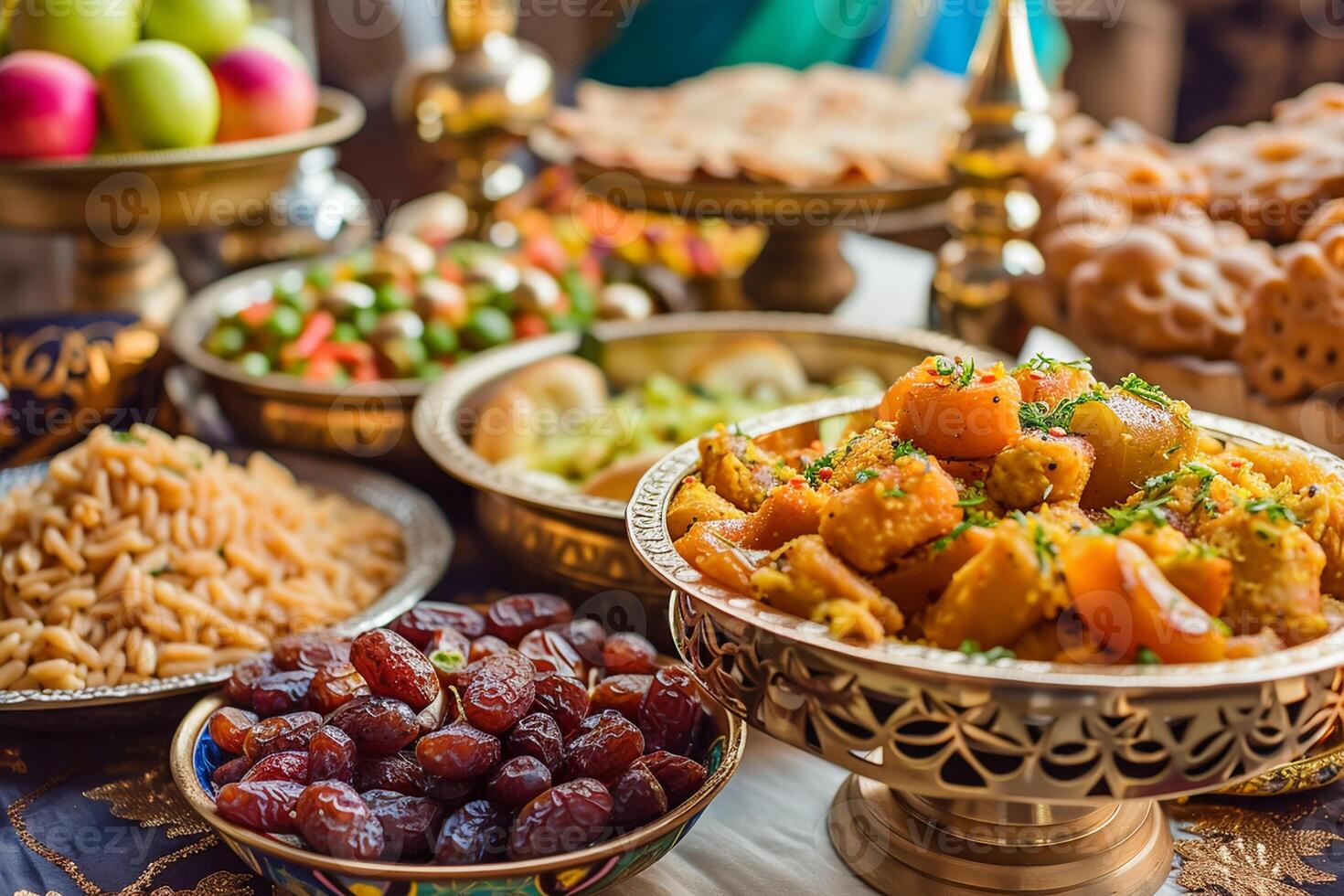 ai gegenereerd een tafel versierd met iftar lekkernijen Leuk vinden datums foto