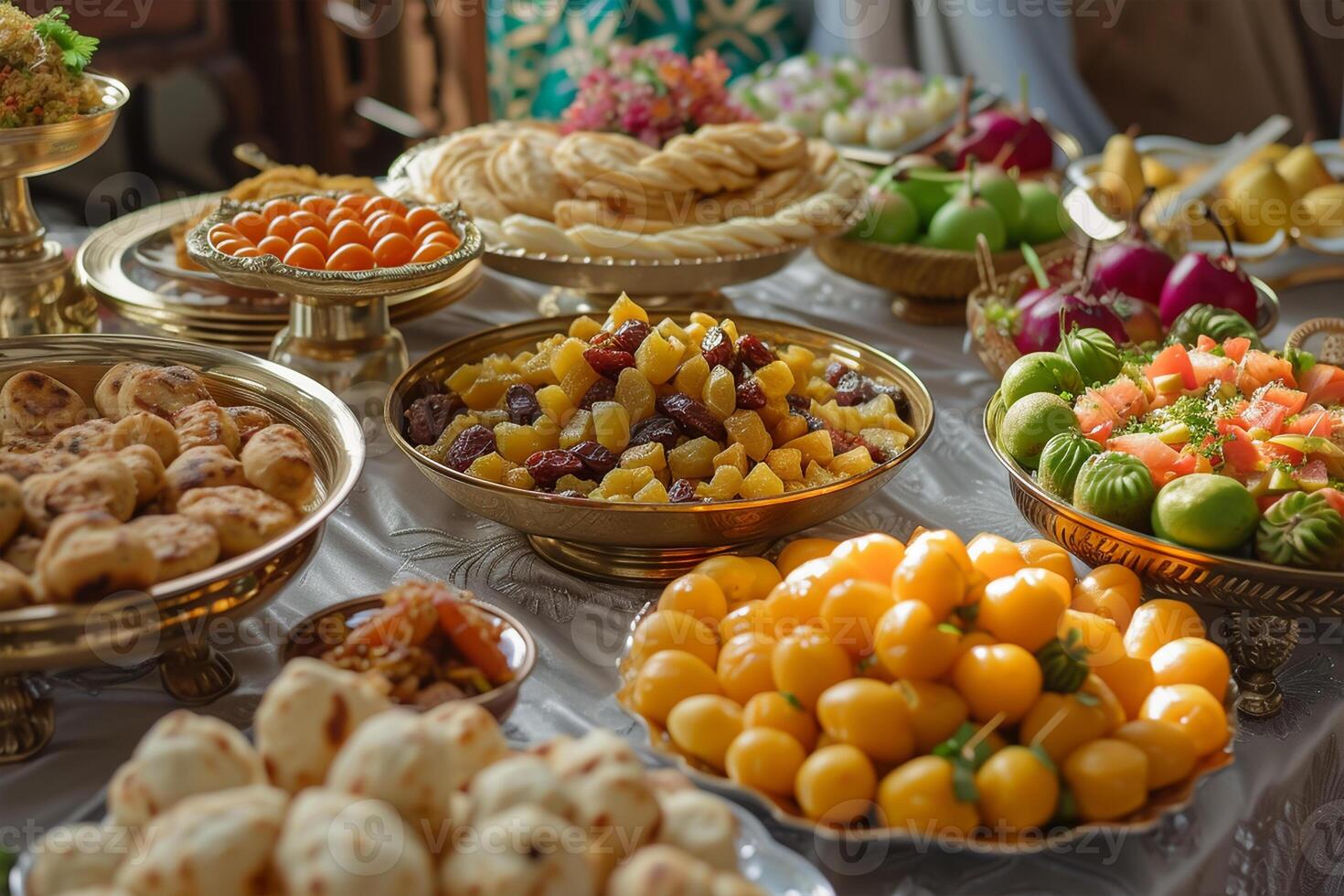 ai gegenereerd een tafel versierd met iftar lekkernijen Leuk vinden datums foto