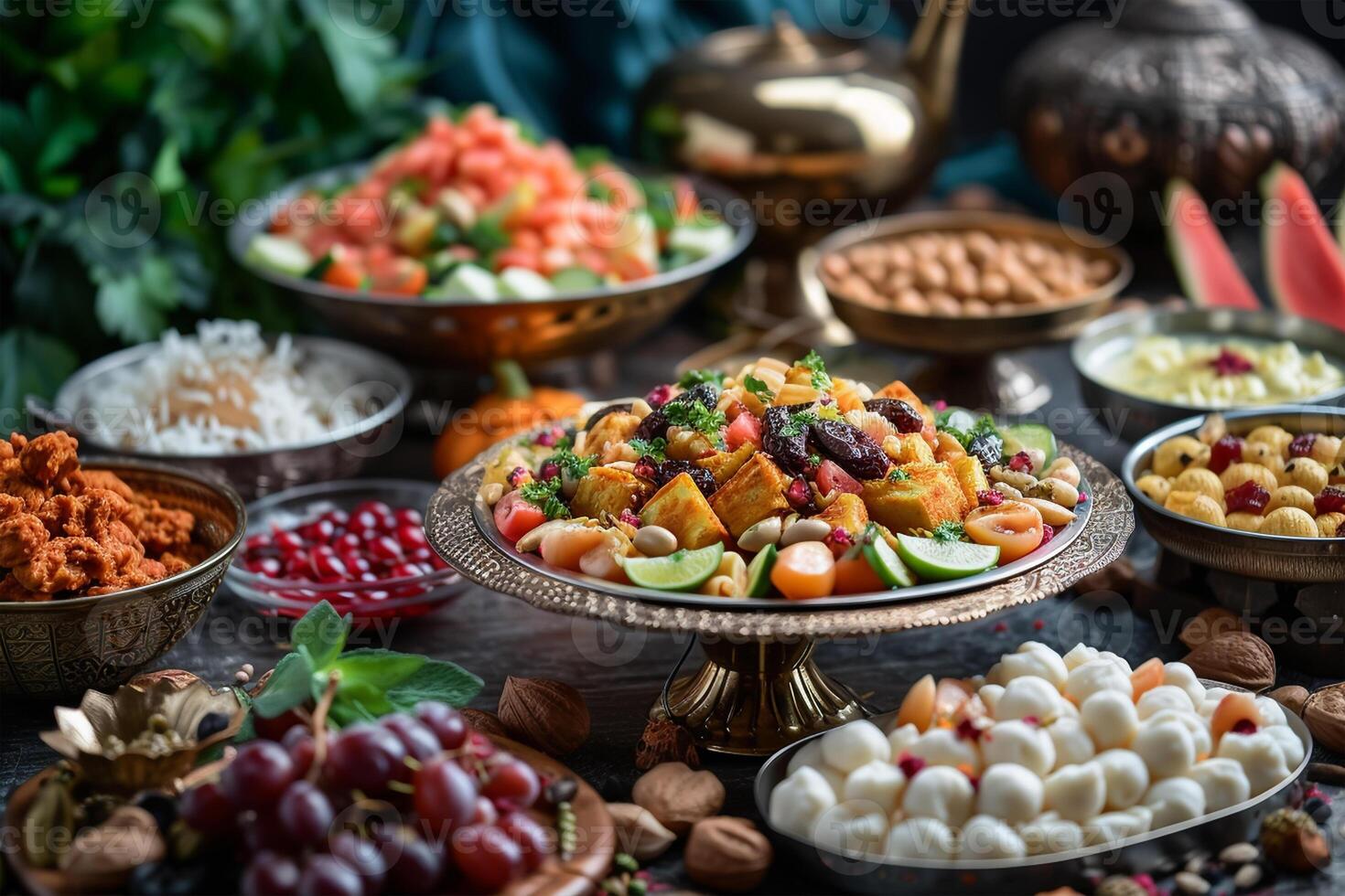 ai gegenereerd een tafel versierd met iftar lekkernijen Leuk vinden datums foto