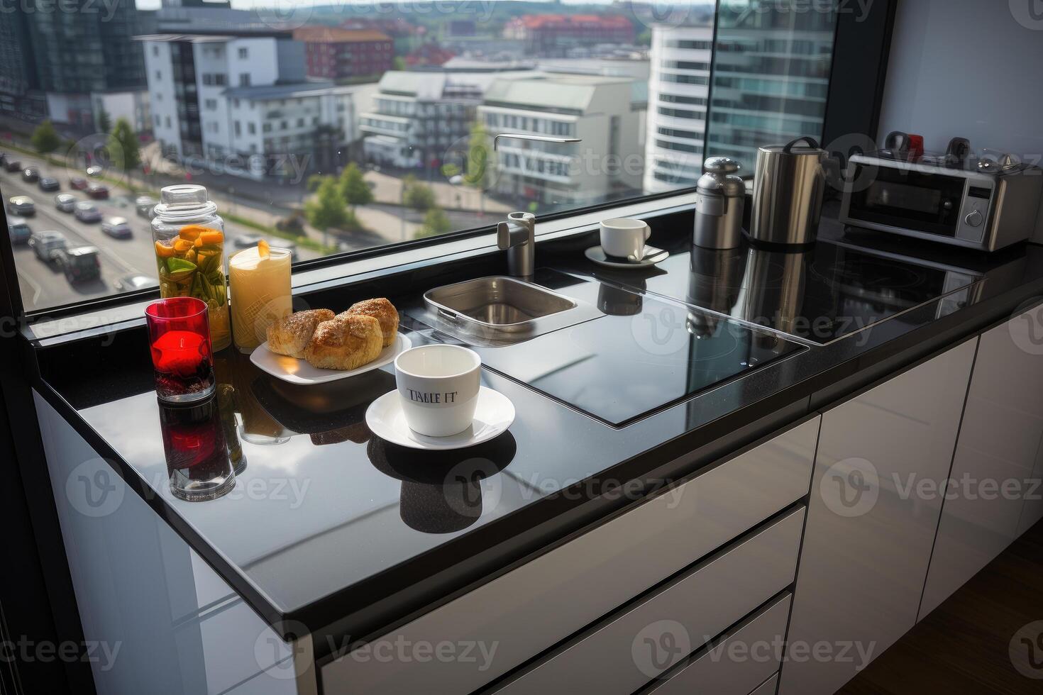 ai gegenereerd een mooi klein modern appartement keuken professioneel reclame fotografie foto