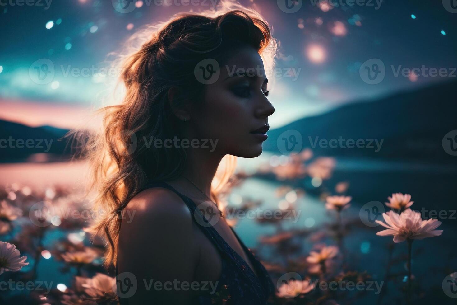 ai gegenereerd dromerig vrouw in silhouet, kosmisch bloemen aura foto