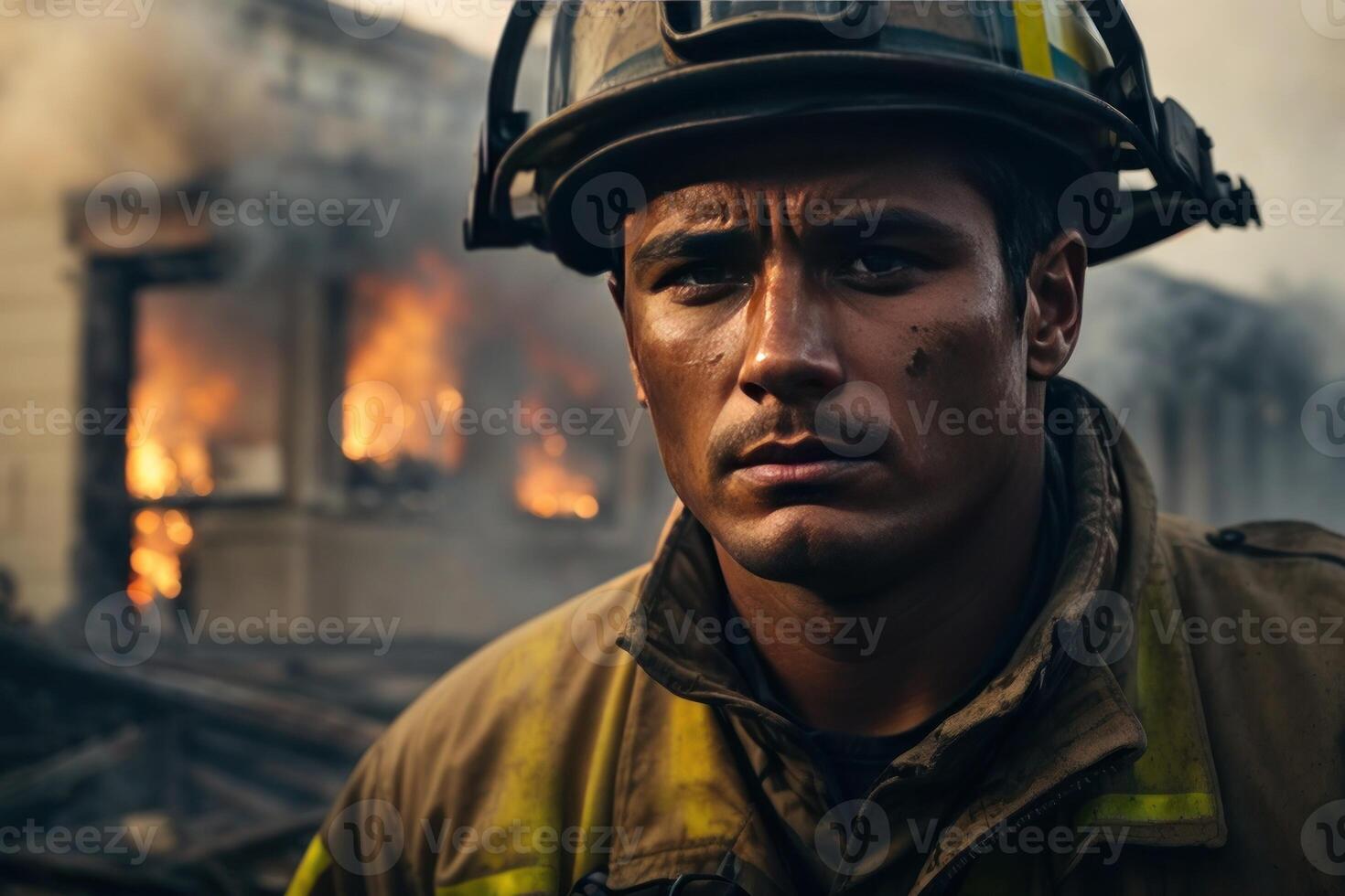 ai gegenereerd moed temidden van chaos, een spookachtig portret van een brandweerman worstelen foto