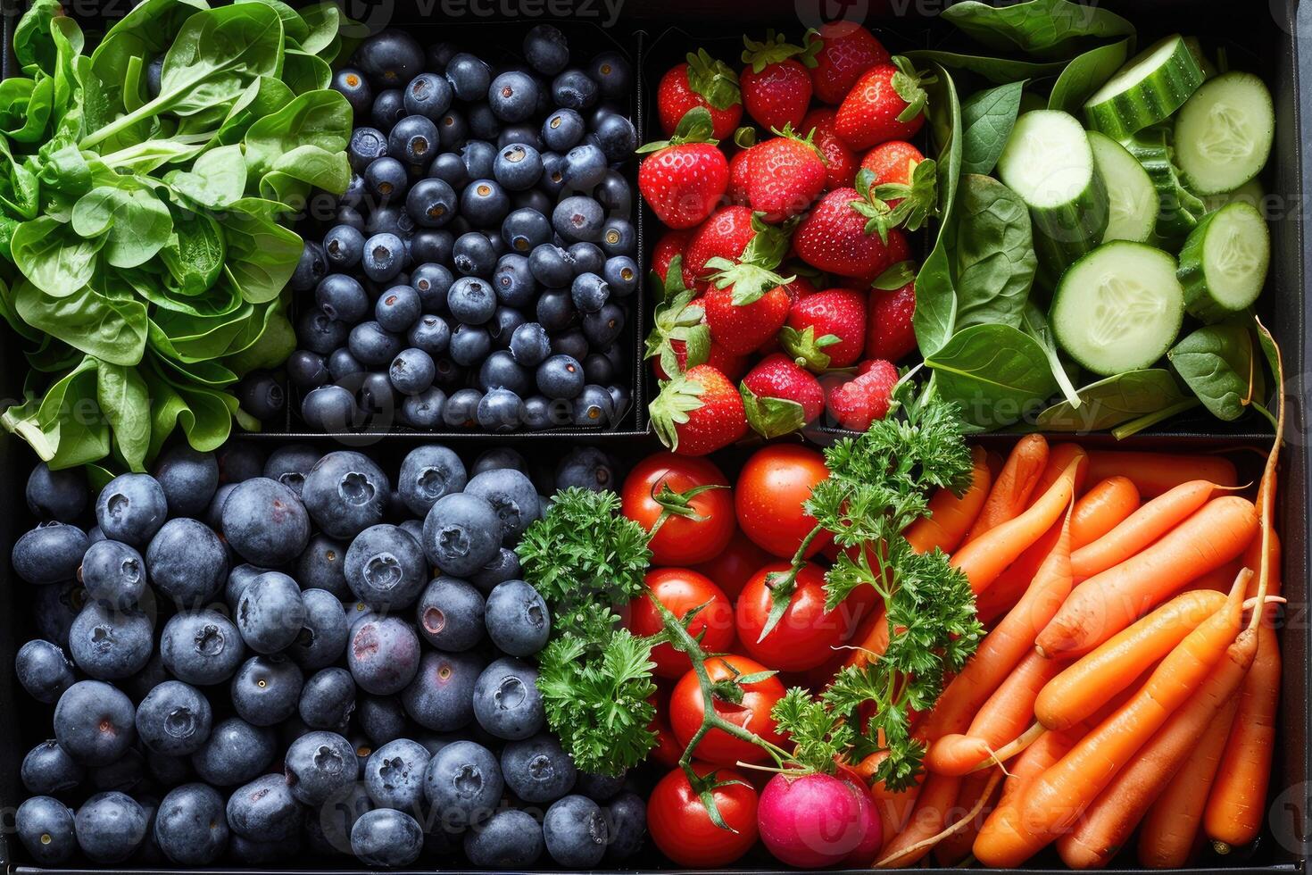 ai gegenereerd vers fruit en groenten in de doos reclame voedsel fotografie foto