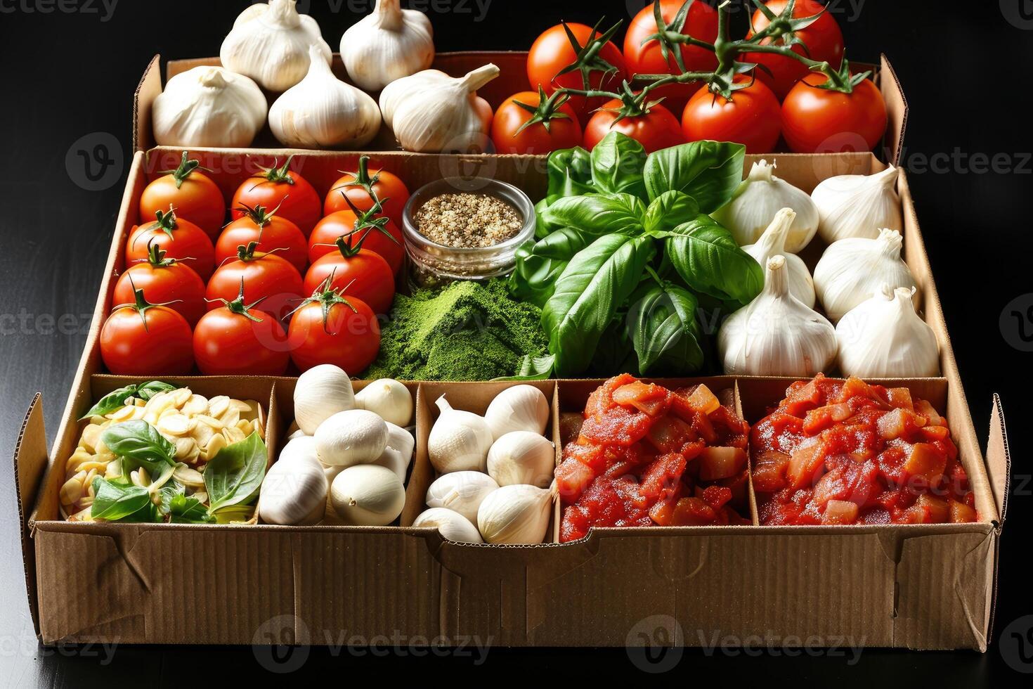 ai gegenereerd divers voedsel items in karton doos reclame voedsel fotografie foto