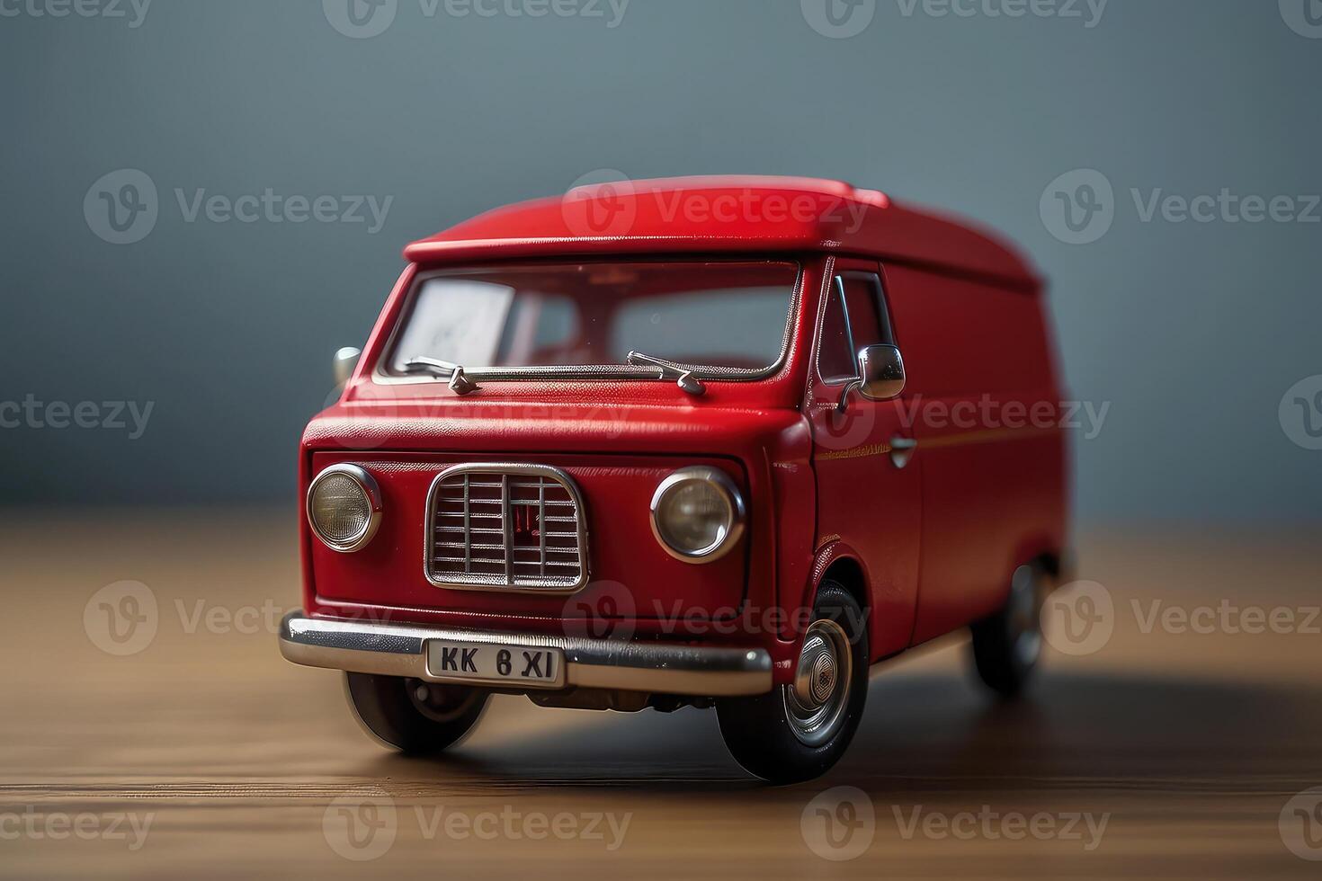 ai gegenereerd miniatuur rood speelgoed- vrachtauto Aan hout foto