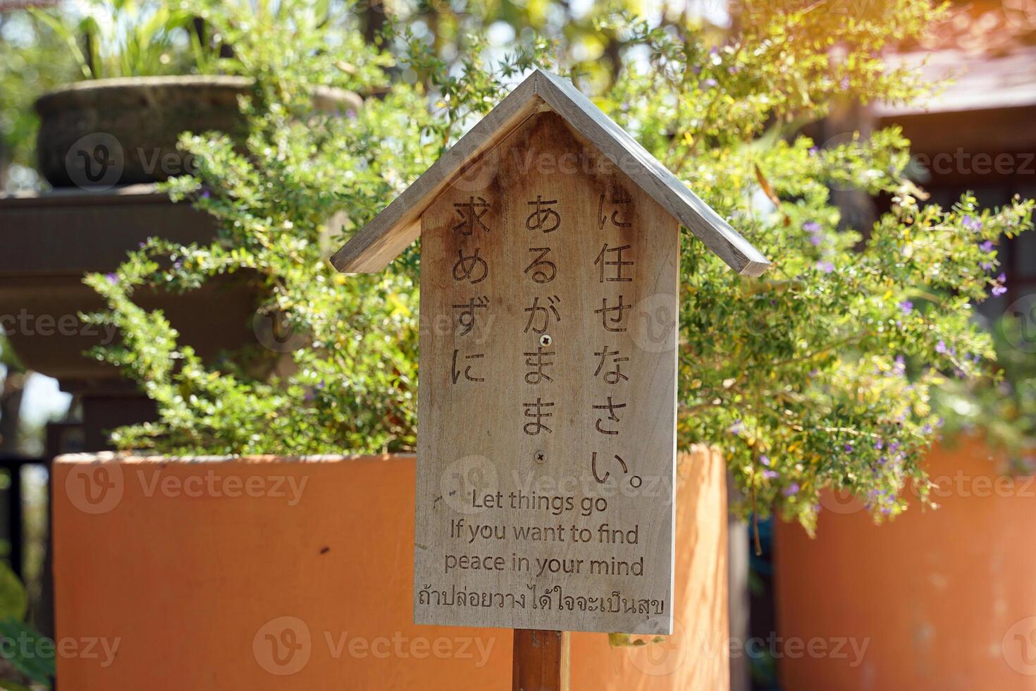 Japans stijl houten teken met berichten geschreven in Japans. Engels en Thais, welke is vertaald net zo geschreven laat dingen Gaan als u willen naar vind vrede in uw verstand, naar geven ideeën naar lezers. foto