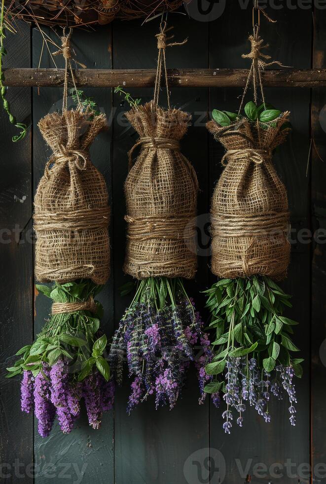 ai gegenereerd drie trossen van lavendel hangende Aan houten muur foto