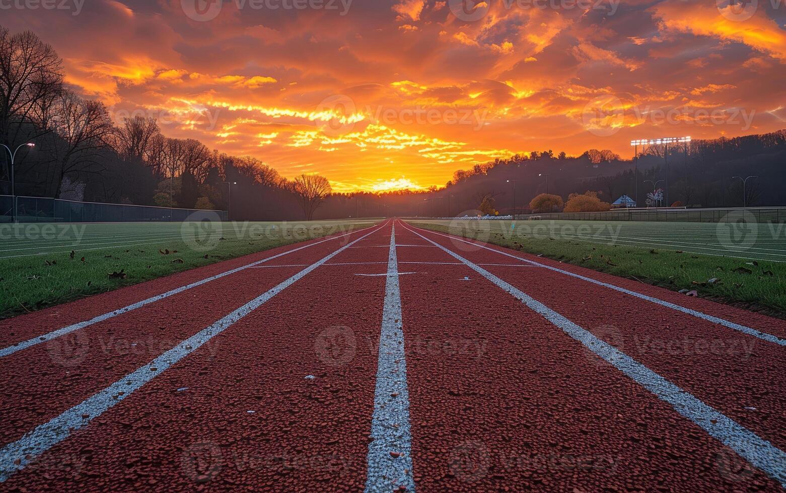 ai gegenereerd bijhouden en veld- Bij zonsondergang. een zonsondergang Aan een bijhouden Bij Amerikaans voetbal stadion foto